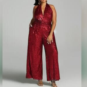 Fashion To Figure Red Sequin V Neck Halter Party Jumpsuit women’s plus size 0X